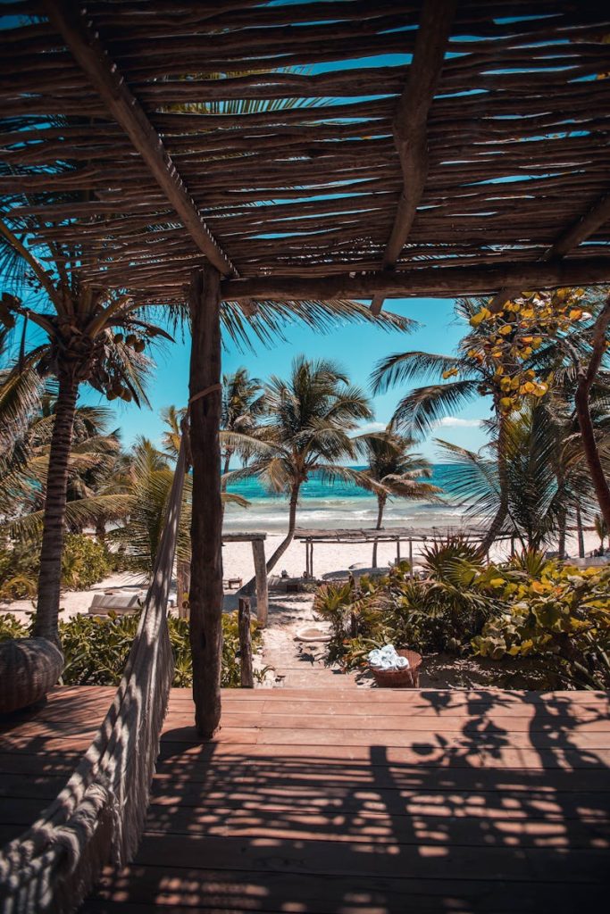 Explore a serene beachfront view with palm trees in Tulum, Mexico. Perfect for travel and leisure.